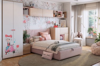 Комплект детской мебели Алина К2 Дуб мария/белый/нежно-розовый велюр в Большой Ирбе - bolshaya-irba.mebel54.com | фото