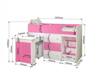 Кровать-чердак Малыш 1600 Венге/Розовый в Большой Ирбе - bolshaya-irba.mebel54.com | фото