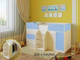 Кровать-чердак Малыш-4 Дуб молочный/Голубой в Большой Ирбе - bolshaya-irba.mebel54.com | фото