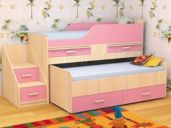 Кровать детская Лесики двухместная 1.8  Дуб молочный/Розовый в Большой Ирбе - bolshaya-irba.mebel54.com | фото