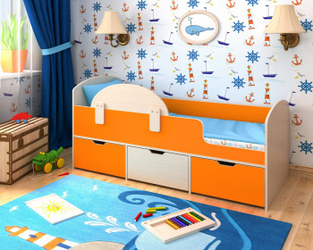 Кровать Малыш-мини с бортиком Дуб молочный/Оранжевый в Большой Ирбе - bolshaya-irba.mebel54.com | фото