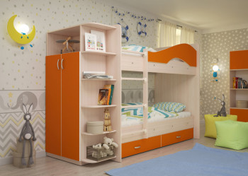 Кровать Мая двухъярусная с ящиками и шкафом Млечный дуб/Оранжевый в Большой Ирбе - bolshaya-irba.mebel54.com | фото