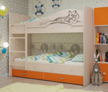 Кровать Мая-Сафари двухъярусная с ящикамиМлечный дуб/Оранжевый в Большой Ирбе - bolshaya-irba.mebel54.com | фото