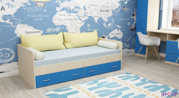 Кровать с выкатными ящиками Дуб молочный/Голубой в Большой Ирбе - bolshaya-irba.mebel54.com | фото