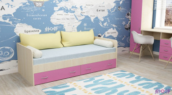 Кровать с выкатными ящиками Дуб Молочный/Розовый в Большой Ирбе - bolshaya-irba.mebel54.com | фото