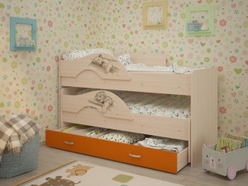 Кровать выкатная Радуга-Сафари детская 1600 Млечный дуб/Оранжевый в Большой Ирбе - bolshaya-irba.mebel54.com | фото