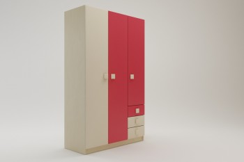 Шкаф 3-х створчатый с ящиками Бэрри (Бежевый/Красный/корпус Клен) в Большой Ирбе - bolshaya-irba.mebel54.com | фото