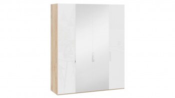 Шкаф комбинированный с 2 глухими и 2 зеркальными дверями «Эмбер» Яблоня Беллуно/Белый глянец в Большой Ирбе - bolshaya-irba.mebel54.com | фото