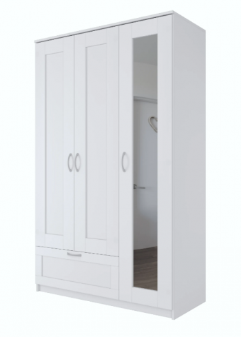 Шкаф трехдверный Сириус с зеркалом и 1 ящиком белый в Большой Ирбе - bolshaya-irba.mebel54.com | фото
