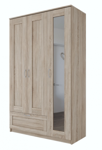 Шкаф трехдверный Сириус с зеркалом и 1 ящиком дуб сонома в Большой Ирбе - bolshaya-irba.mebel54.com | фото