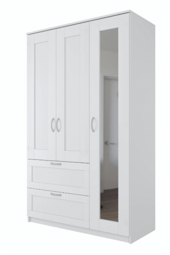 Шкаф трехдверный Сириус с зеркалом и 2 ящиками белый в Большой Ирбе - bolshaya-irba.mebel54.com | фото