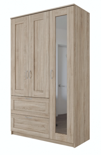 Шкаф трехдверный Сириус с зеркалом и 2 ящиками дуб сонома в Большой Ирбе - bolshaya-irba.mebel54.com | фото